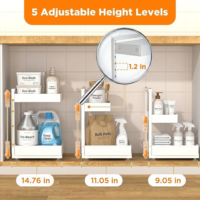 TATAANTY Under Sink Organizer, L-Shaped Metal 2-Tier Double Pull-Out Drawer for Kitchen & Bathroom Cabinets, Adjustable Height Storage - 50lbs Heavy Duty Waterproof 2PCS Height Adjustable - Image 4