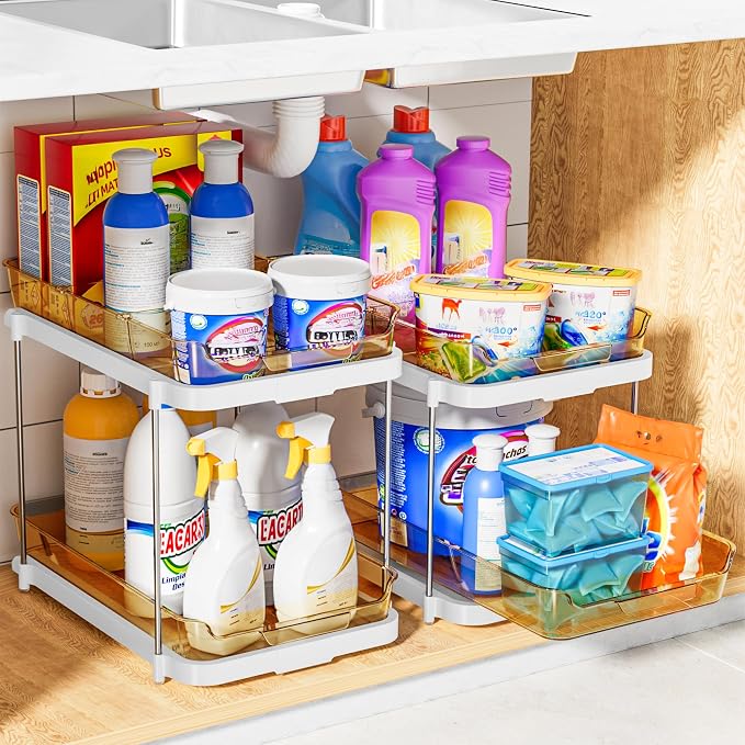 Delamu 2-Tier Multi-Purpose Bathroom Under Sink Organizers and Storage, Stackable Kitchen Pantry Organization, Pull Out Medicine Cabinet Organizer with Movable Dividers, Golden, 2 Pack - Image 7