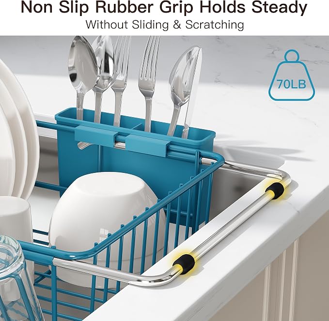 JASIWAY Blue Dish Drying Rack in Sink, Dish Drainer with Utensil Holder | Over The Sink Expandable Stainless Steel Strainer Dryer Rack for Small Kitchen, Counter Space Saving, Fast Drain, Rustproof - Image 7