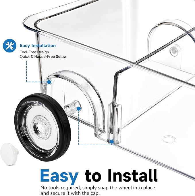2 Pack Refrigerator Organizer Bin with Wheels, Roll Out Pantry Storage with Dividers, Clear Plastic Refrigerator Drawer, Upgrade Thick Fridge Caddy for Under Sink, Kitchen Organization - Image 5