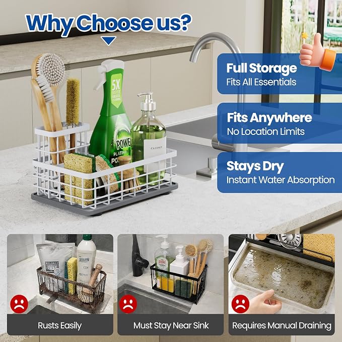 Kitchen Sink Organizer, Large Sink Caddy with Sponge Holder & Diatomite Mat | Cleaning Supplies in One Place, Kitchen Countertop Organizer, Home Essentials, Brush Holder, Quick Dry Tray, Fewer Puddles - Image 5