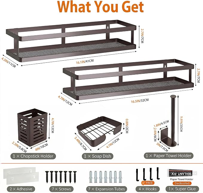 PUSDON 5-in-1 16.5" Extra Long Kitchen Organizer & Shower Caddy Set, Wall Mount Spice Rack with Paper Towel Holder, Utensil Holder & Soap Dish, Rustproof Mesh Storage Rack, Vintage Bronze, Guardrail - Image 2