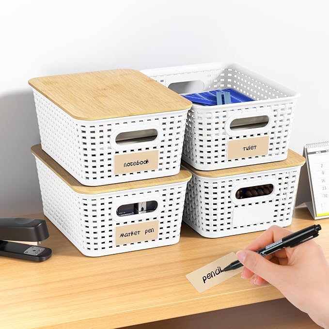 6 Pack Plastic Storage Baskets,White bamboo lid storage Box | Labels, Stackable, For Organizing Shelves Pantry Drawers Desktop Closets Organizing Desktop Closet Playroom Classroom - Image 8