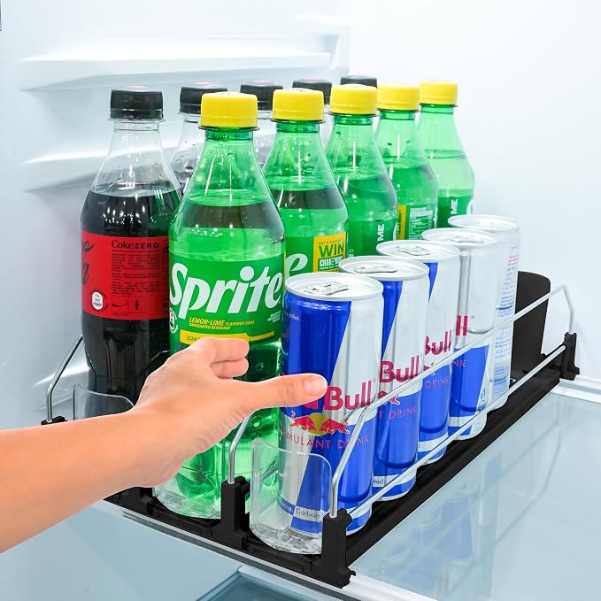Drink Fridge Organizer, Upgraded Design of Soda Organizer for Refrigerator with Larger Stopper Height. Width Adjustable Automatic Drink Dispenser with Lock Hold 15 Cans (3 Rows, Black) by SIPSORT
