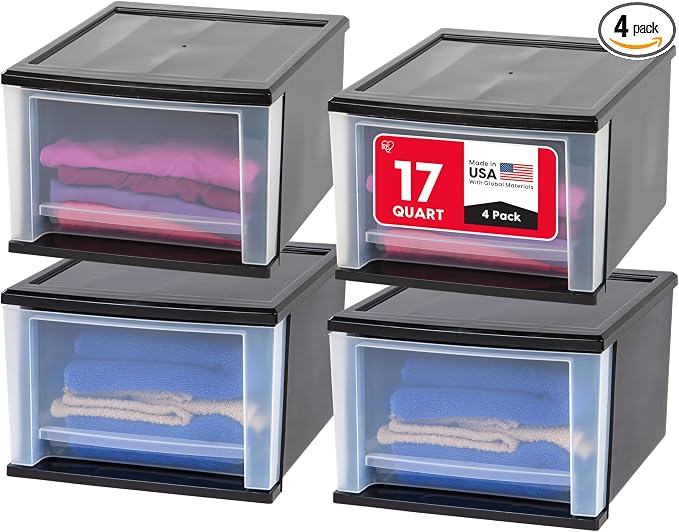 IRIS USA 4-Pack, 17 Qt. Medium Stacking Drawer Storage Organizer, Black | Organize dorm essentials, school supplies, toiletries, and accessories with stackable drawers for compact living spaces. by IRISUSA