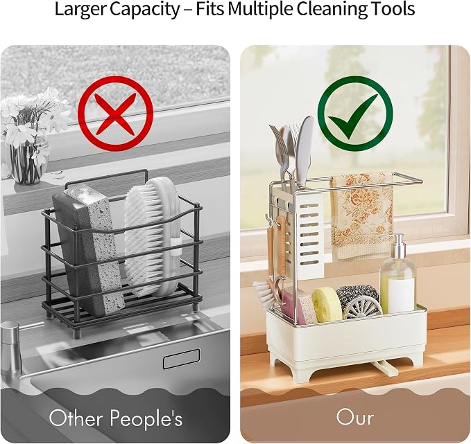 MOUKABAL 2-Tier Sponge Holder for Kitchen Sink Caddy Organizer,Off-white | Large Capacity/Rustproof Stainless Steel/360° Rotating Drain Keeps Counter Dry/Holds Sponge & Soap Bottle/Easy-Clean Tray - Image 5