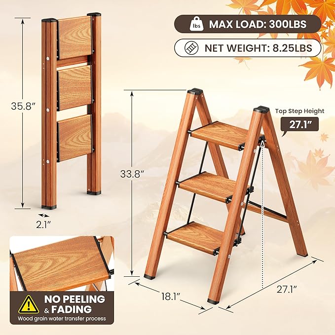 3 Step Ladder, Foldable Aluminum Step Stool with Anti-Slip Pedal | Lightweight yet Sturdy, Portable, Non Slip Feet, 300Lbs Capacity, Elegant Look, for Kitchen, Closet, Pantry, Woodgrain - Image 2