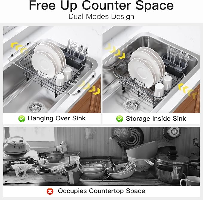 JASIWAY Gray Dish Drying Rack in Sink with Utensil Holder, RV, Apartment | Over Sink Expandable Stainless Steel Dish Drainers for Compact Kitchen, Space Saving, Fast Drain, Rustproof, For 1-2 people - Image 2