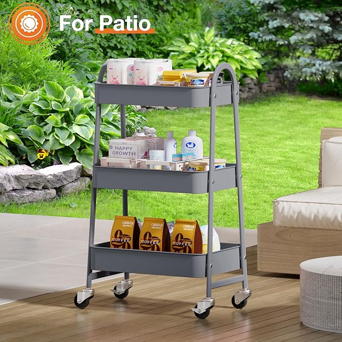 NEWBULIG 3-Tier Metal Rolling Storage Utility Cart with Lockable Wheels | Mobile Organizer Shelf, Space-Saving, Freestanding, Bathroom, Living Room, Slim, Narrow Corner Spaces, Grey - Image 7
