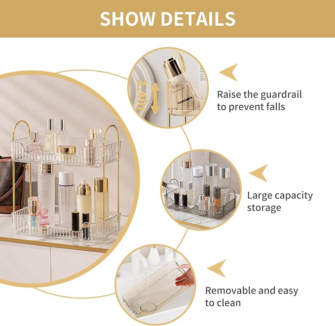 Akinbas 2 Tier Bathroom Organizer Countertop Makeup Perfume Tray Skincare Organizer for Bathroom Dresser Vanity (White) - Image 6
