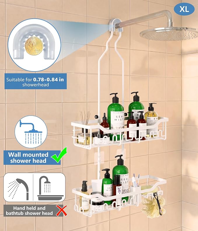 Shower Caddy Hanging Organizer, Extra Large Rack Over Showerhead with Hooks, Adjustable Height Shower Caddy for Big Shampoo Bottle, White - Image 4