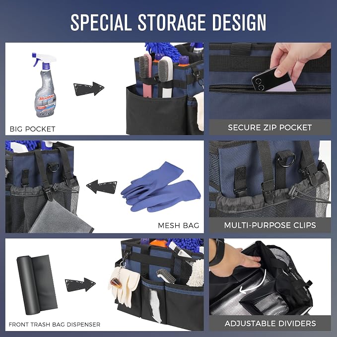 SCAVATA Wearable Cleaning Caddy, Cleaning Caddy Supplies Organizer with Handle & Shoulder Straps for Housekeepers, Under Sink & Car Cleaning Tool Organizers Bag with 4 Foldable Divider (NavyBlue) - Image 2