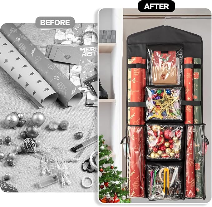 Christmas Wrapping Paper Organizer Storage, Hanging Gift Bag Storage Organizer, Double-Sided Wrapping Paper Holder Storage - Black - Image 5