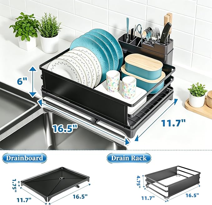 Simple Trending Dish Drying Rack for Kitchen Counter, 11.7" x 16.5", Black | Stainless Steel Dish Rack for Kitchen Counter, Dish Drainer with Cutlery & Cup Holders, Anti-Rust, Counter Space Saving - Image 2