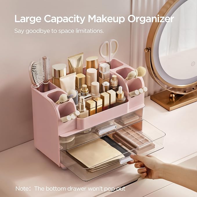 HBlife Makeup Organizer for Vanity with Brush Holder, Large Bathroom Countertop Cosmetic Organizer Skin Care Storage, Easy to Store Lipsticks, Nail Polishes, Perfumes, Eyeshadow Palettes, Pink - Image 2