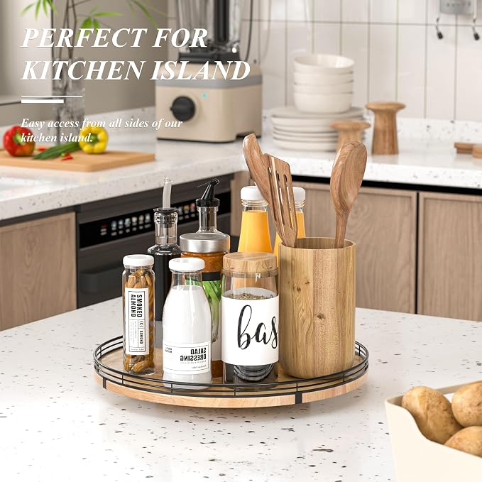 AMH 16-Inch Farmhouse Oak Lazy Susan Organizer for Table and Cabinet | Smooth rotating oak tray with walnut finish for dining tables, kitchen counters, pantries and cabinet storage. - Image 4