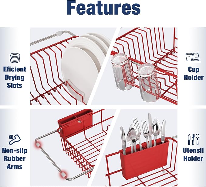 JASIWAY Red Dish Drying Rack in Sink with Drainboard and Utensil Holder | Use Over the Sink or Counter, Stainless Steel Expandable Dish Drainer for Small Kitchen, Space Saving, Fast Drain, Rustproof - Image 7