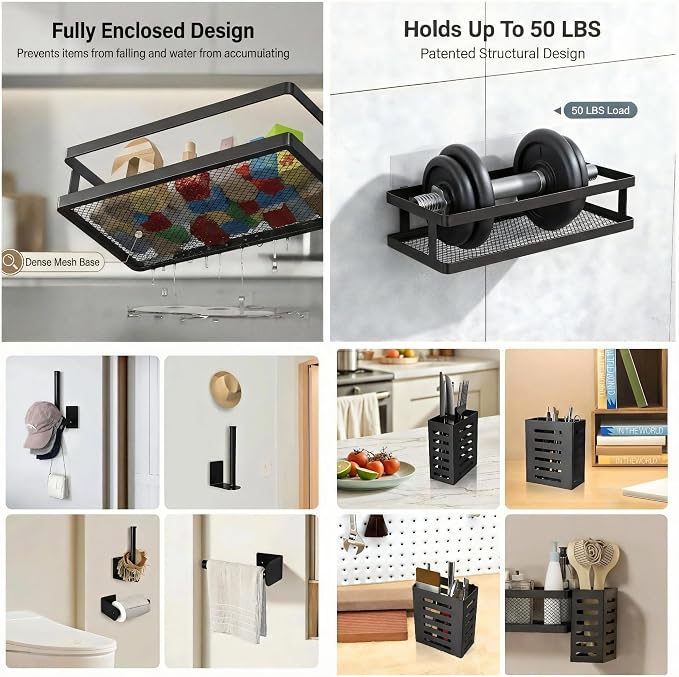 PUSDON 5-in-1 Shower Caddy & Kitchen Organizer Set, Wall Mount Wide Spice Rack with Paper Towel Holder, Utensil Holder, Soap Dish, Rustproof Mesh Baskets Hold 50LBS - Matte Black, Guardrail - Image 4