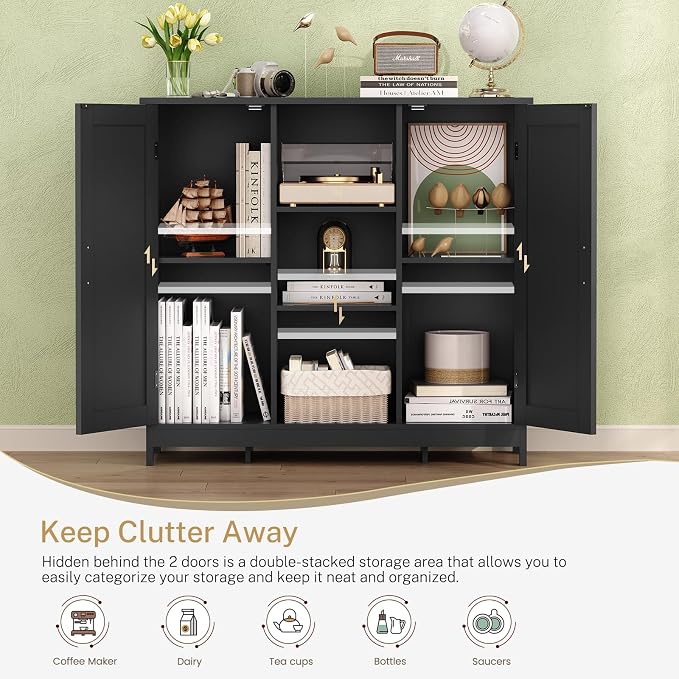 Iwell Storage Cabinet with 2 Doors and 4 Storage Shelves, Bathroom Cabinet, Cupboard for Living Room, Home Office, Entryway, Black - Image 5