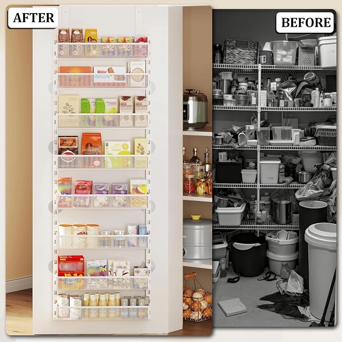 8-Tier Over the Door Pantry Organizer with Adjustable Baskets | Over the Door Spice Rack, Wall-Mounted or Hanging Shelves for Kitchen, Laundry Room, Bathroom(White,15.35"W x 5.2"D x 72.6"H) - Image 7