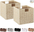Wicker Storage Basket, Set of 2 Hand-Woven Paper Rope Storage Baskets, Foldable Cube Storage Organizer Bins, 11 Inch Wicker Storage Baskets for Shelves and Decor, Square Storage Basket, Beige by Vagusicc