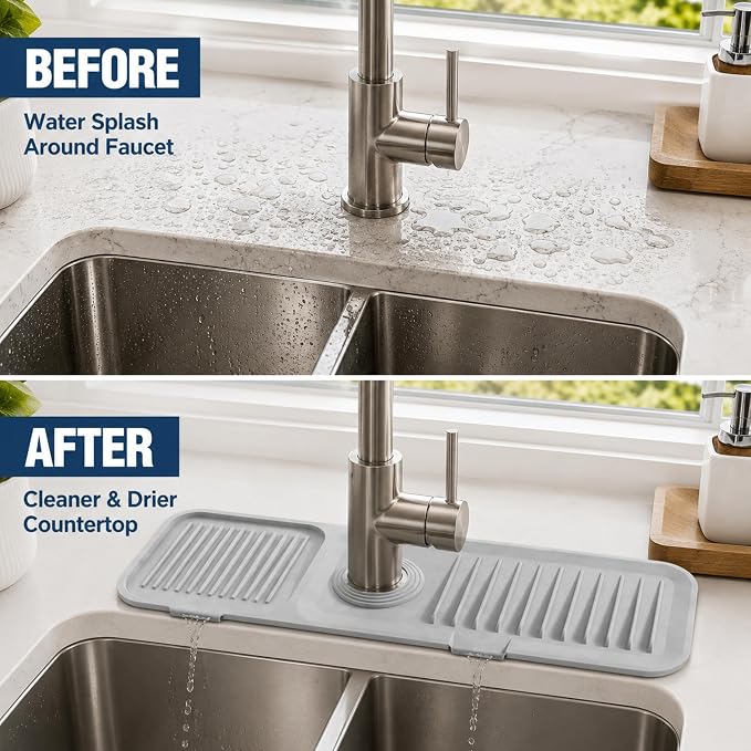 Faucet Mat for Kitchen Sink, Silicone Splash Guard, 17.7x5.5 in, Light Gray | 5° Fast-Draining Slope, Trimmable 1.5–2.6 in Center Hole - Image 3
