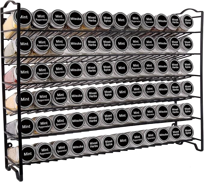 SWOMMOLY Spice Rack Organizer with 72 Spice Jars 4 oz, 396 Spice Labels | Chalk Marker, Funnel Set, Spice Organizer for Countertop, Pantry, Cabinet, Cupboard & Wall Mount, 22.2" W × 16.5" H, Black - Image 2