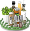AMH 12-Inch Green and White Checkerboard Lazy Susan with Rubberwood Base | Smooth rotating oak tray with walnut finish for dining tables, kitchen counters, pantries and cabinet storage. by AMH