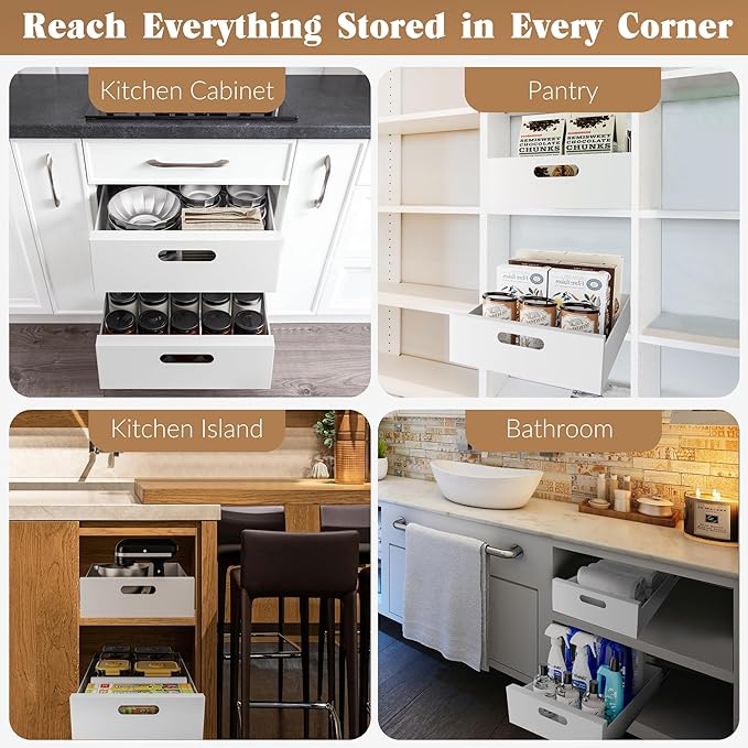 HBL' 1 Pack | 21" Deep Pull Out Cabinet Organizer Adhesive, 12-Inch Wide Sturdy Carbon Steel Roll-Out Drawers, Designed for Frameless Cabinets, Slide-Out Shelves for Pantry. - Image 7