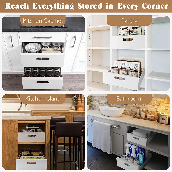 HBL' 2 Pack | 21" Deep Pull Out Cabinet Organizer Adhesive, 12-Inch Wide Sturdy Carbon Steel Roll-Out Drawers, Designed for Frameless Cabinets, Slide-Out Shelves for Pantry. - Image 7