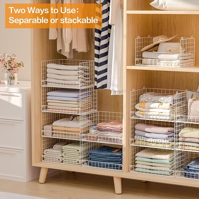 Yociyoga 6-Tier Stackable Closet Organizers and Storage Shelves, Closet Shelf Organizer Basket Bins, Foldable Sweater Storage for Clothes Organizer System, White（Patent No. 30022416） - Image 7