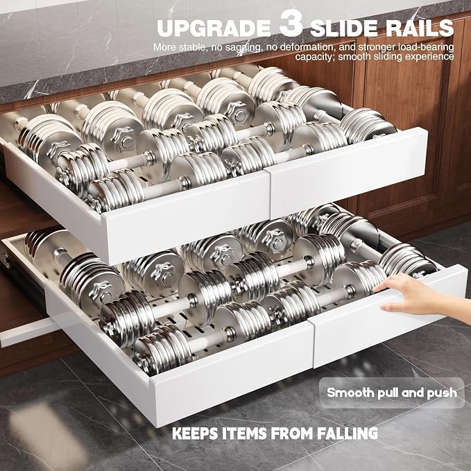 Seinloes 4 Pack Pull Out Cabinet Organizer Expandable Width(15"-25") and Depth(17"-24"),Slide Out Drawers With Raising Pad for Framed Cabinets,No Drill Roll Out Shelves for Kitchen,Bathroom,White - Image 6