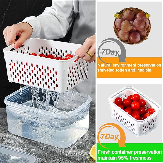 4 Pack Large Fruit Storage Containers for Fridge with vent holes and handle，Airtight Food Storage Containers Keep Fruits, Vegetables, Berry, Fresh longer,BPA-free Fridge Storage Container with Lid - Image 6