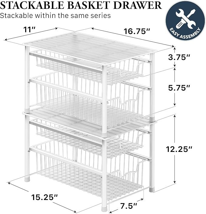 Simple Houseware Stackable Sliding Basket Organizer Drawer, White, 2-Tier - Image 2