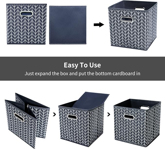 11 Inch Cube Storage Bins , Fabric Cube Organizer Bins with Handle, Foldable Cube Bins for Cloth or Accessary Storage, 11x11x11 Set of 3 (Gray Wave) - Image 6