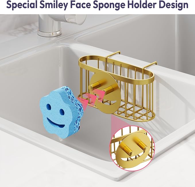 SWTYMIKI Sponge Holder for Kitchen Sink - Movable Sink Caddy with Smiley Face Sponge Holder, Rustproof Hanging Sponge Organizer in Double Bowl Sinks Depth>3.15in, Middle Divider<1.5in, Gold - Image 3