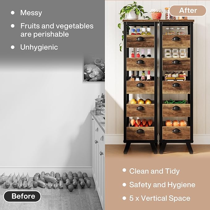 Tribesigns 5-Tier Narrow Kitchen Stand Fruit and Vegetable Storage Rack | Wood Corner Snack Stand Kitchen Stand Fruit Basket, Pull-Out Utility Organizer for Kitchen, Living Room, Rustic Brown - Image 8