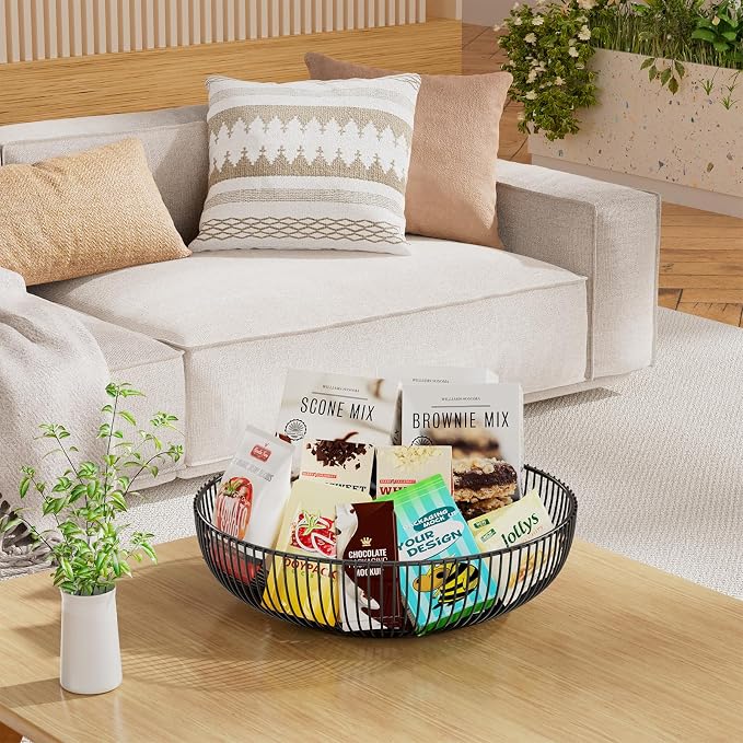 Simple Trending Round Metal Fruit Basket Bowl for Kitchen Counter - Rust-Proof, Non-Slip & Breathable Wire Organizer for Fruits, Veggies, Snacks, Black (11“ Diameter x 3.2” H) - Image 4