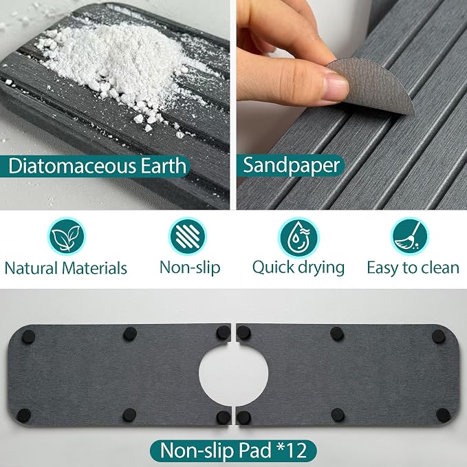 Water Absorbing Stone Kitchen Sink Mat Faucet Splash Guard for Bathroom | Quick Dry, Raised Feet, Diatomaceous Earth, Stone Faucet Mat, Sink Protector for Counter, Sink Accessories, Bathroom Decor - Image 5
