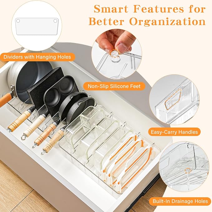 2 PACK Kitchen Cabinet Organizer for Food Contanier Lid, Clear Plastic Lid Holder with Adjustable Dividers for Pantry Organizers and Storage, Lid Storage Organizer for Home Drawer Organization - Image 5
