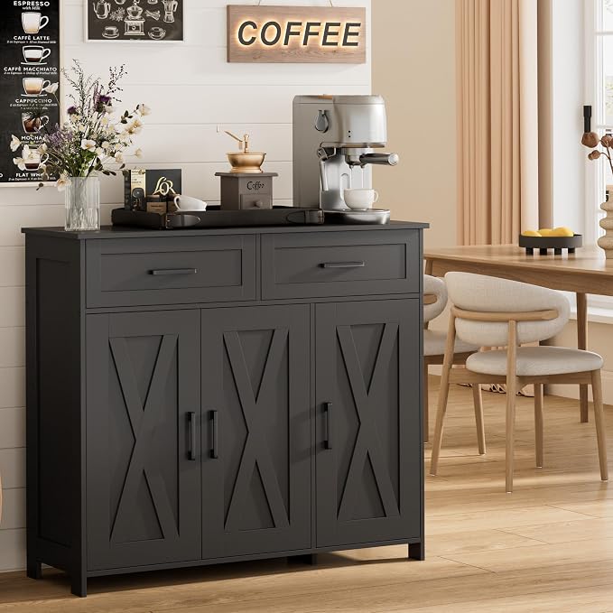 Homhedy Coffee Bar Storage Cabinet with Drawers, Kitchen Buffet Cabinet | Sideboard Cabinet with Doors, Farmhouse Buffet Cabinet, Adjustable Shelves, for Kitchen / Dining / Living Room, Black by Homhedy