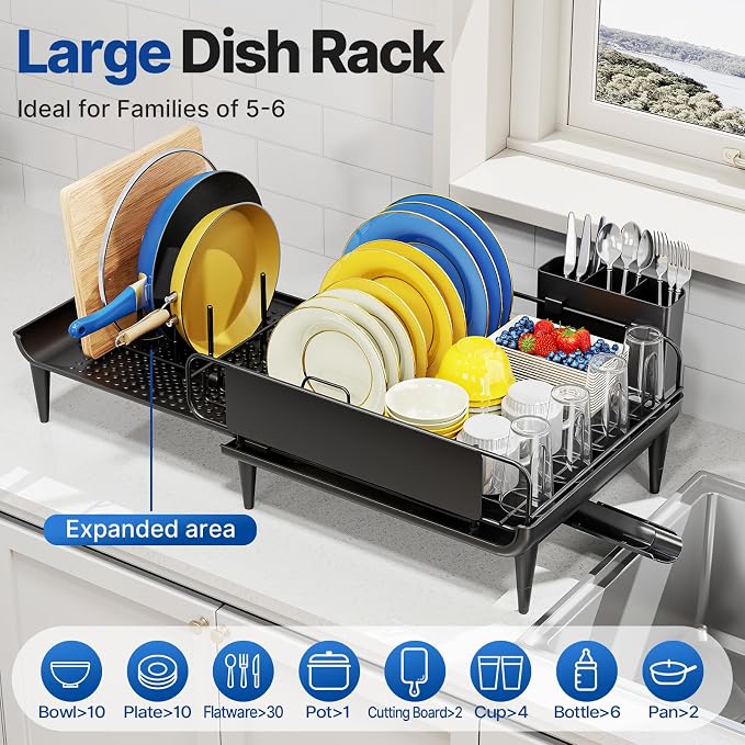 Urackify Expandable Dish Drying Rack with Drainboard for Kitchen Counter | Expands from 16.9 to 26.6 inches to fit more dishes, plates with fast drainage and flexible placement for any sink - Image 6