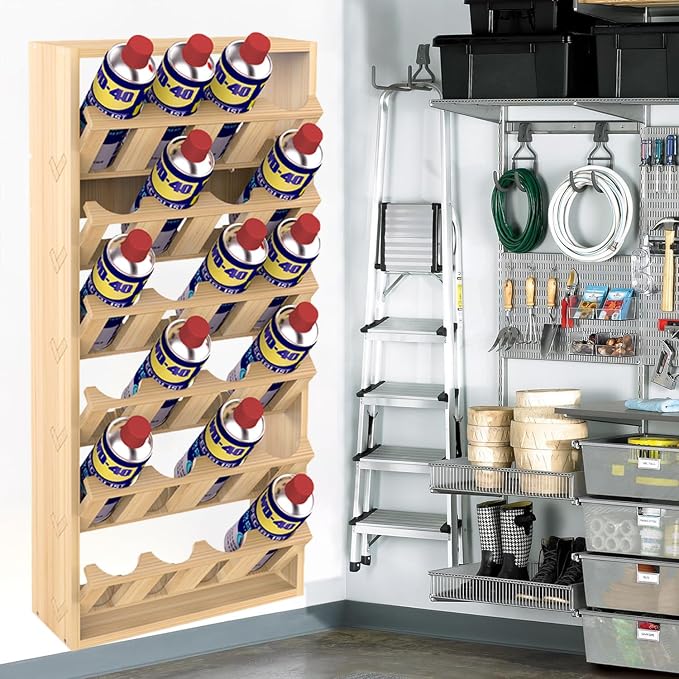 24 Can Spray Paint or Lube Can Holder Aerosol Can Rack 14.2"L x 5"W x30"H | 6-Tier Wooden Spray Paint Can Storage Rack Wall Mount Aerosol Spray Can Organizer for Garage Craft Workroom - Image 6