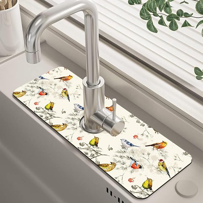 Vintage Watercolor Birds Dish Drying Mat for Kitchen Sink Splash Guard Behind Faucet Sink Mat Absorbent Fast Drying Faucet Draining Mat for Bathroom Kitchen 5.5"×15" by Unknown