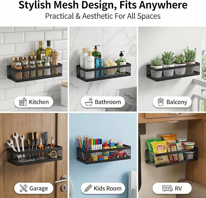 PUSDON Mesh Shower Caddy Wall Mount, Heavy Duty Adhesive Bathroom Shelf Organizer, Rustproof Floating Spice Rack for Kitchen Pantry, Holds 50 LBS, Multi-Purpose Storage Black-2 Packs (Netting) - Image 4