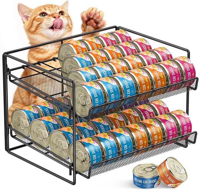 Cat Food Can Organizer 2-Tier Can Organizer for Pantry 56 Cans 3.5oz | Black metal 2-tier cat food can organizer,Holds 56 cans 3.5oz,Adjustable pantry countertop storage for kitchen cabinet by REFLYING