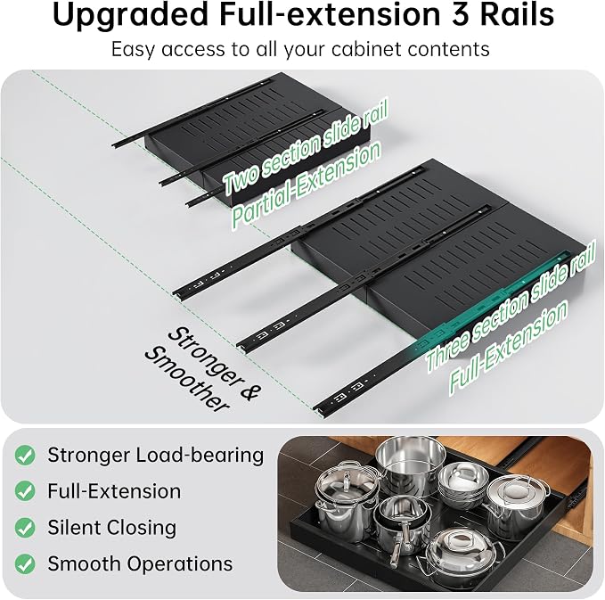 Pull out Cabinet Organizer, 2 pack, 16.5" Deep Heavy Slide out Drawers, Upgrade Three Triple-Slide Rail Systems, Expandable 12.8"-20.8" Roll out Shelf Storage for Kitchen Base Cabinet Organization - Image 2