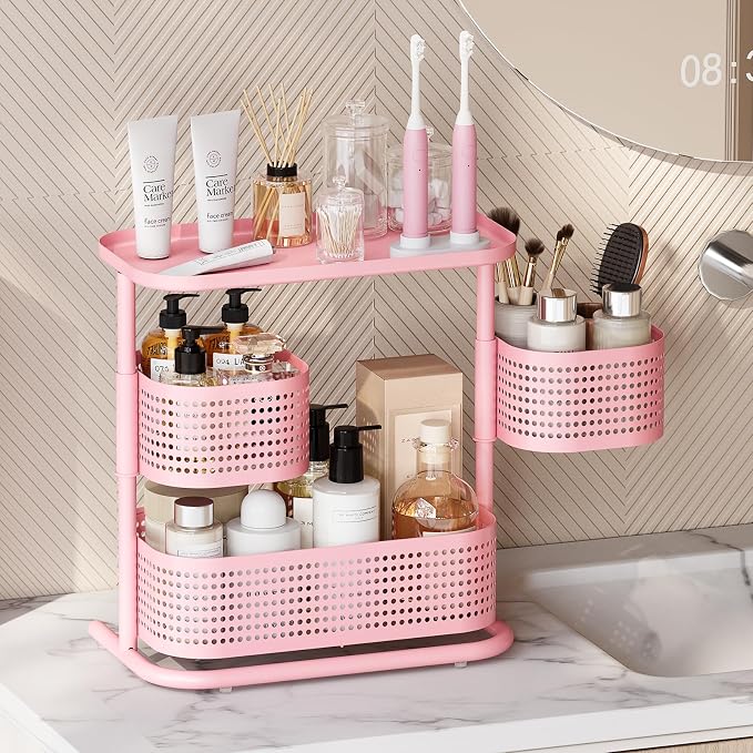 KINGRACK Metal Bathroom Counter Organizer，Rotating Countertop Storage Shelf | 3 Tier, Makeup Tray for Vanity, Perfume & Skincare, Standing Shelf for Bathroom Counter Storage, Pink - Image 2