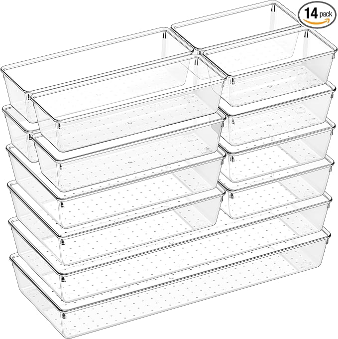 14 PCS Clear Plastic Drawer Organizer Set - 5 Large Size Versatile Kitchen and Bathroom Organizer Trays, Non-Slip Storage Bins for Makeup, Utensils, Tool and Office Desk by Criusia