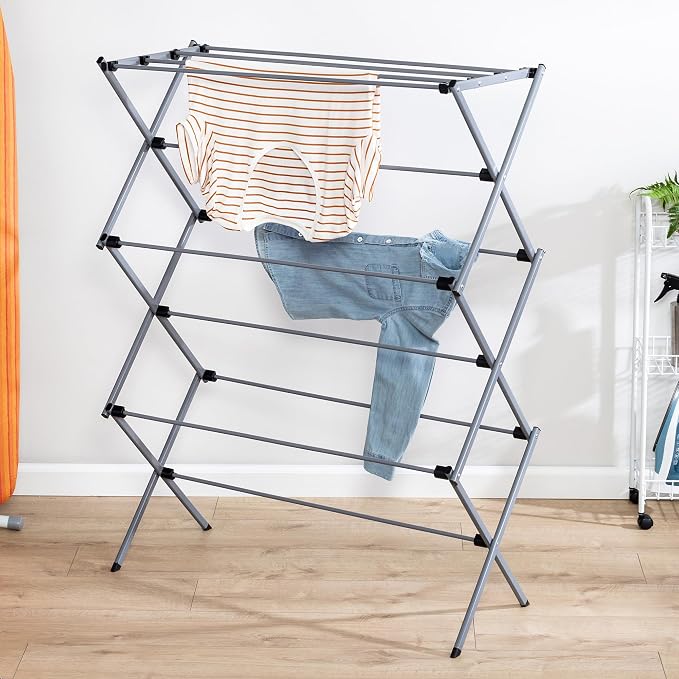 Honey-Can-Do Oversized Collapsible Clothes Drying Rack, 35", 50 lb, Grey | Oversized 35" x 45" steel rack holds 50 lb and folds flat for storage. Air-dry a full load indoors or outdoors. - Image 3